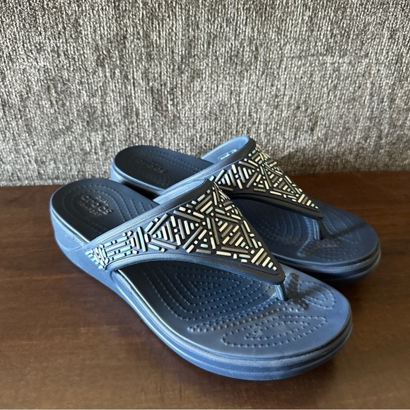 Crocs Sandals Womens 9 Monterey Wedge Slip On Flip Flop Navy 206851 Comfort - Picture 3 of 8